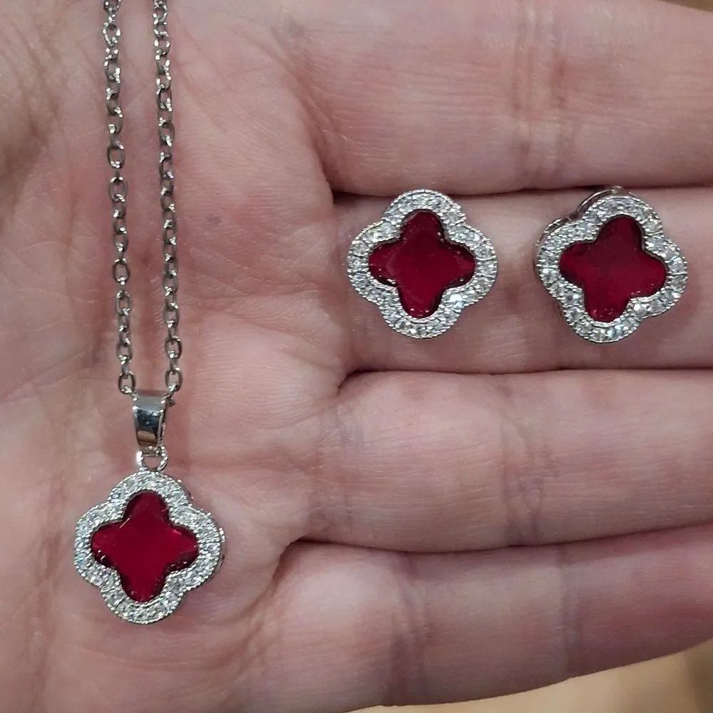 Silver & Red Diamond Clover Necklace & Earring Set